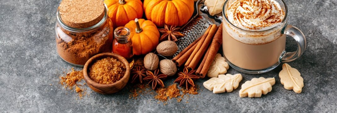 Autumn pumpkin spice latte with cinnamon nutmeg and fall cookies on rustic wood