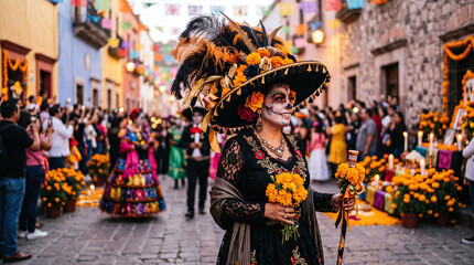 Obraz premium La Catrina woman in skull makeup holding marigolds at Day of the Dead parade