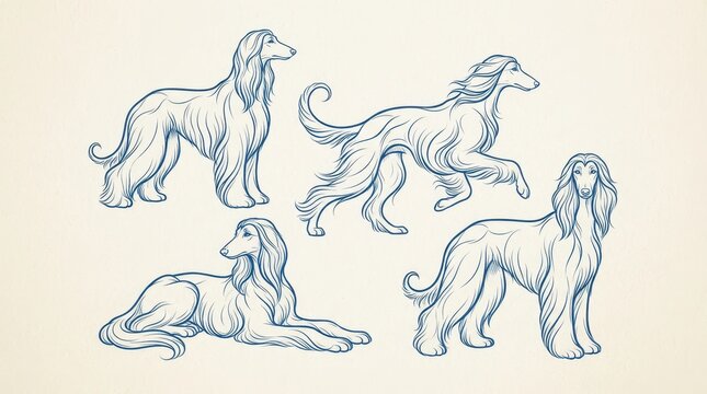 Set of handdrawn afghan hound dogs in various poses