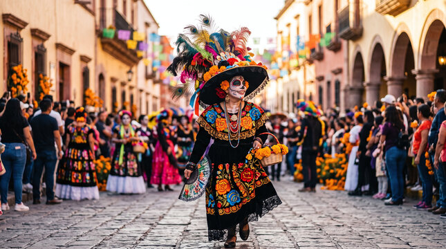 Woman dressed as La Catrina walking in a Day of the Dead parade in Mexico.