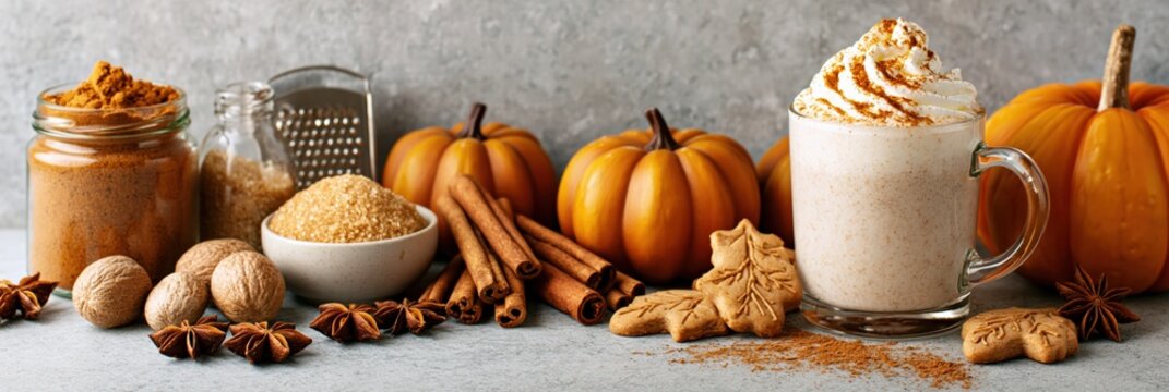 Autumn pumpkin spice latte with whipped cream and seasonal coffee on fall surface