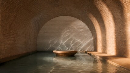Fototapeta premium Warm earthy arched niche with wooden bowl and rippling light Mediterranean interior