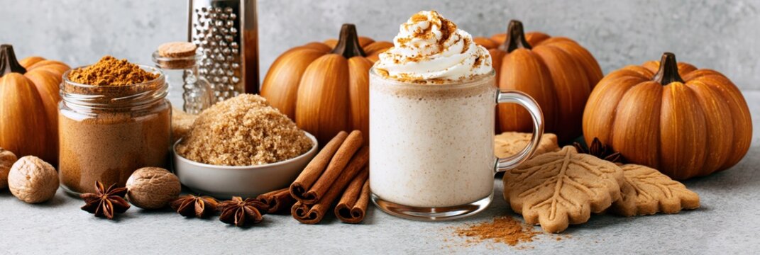 Pumpkin spice latte with whipped cream cinnamon nutmeg and sugar on autumn table