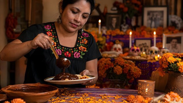 Mexican woman pouring traditional mole sauce for a Day of the Dead ofrenda