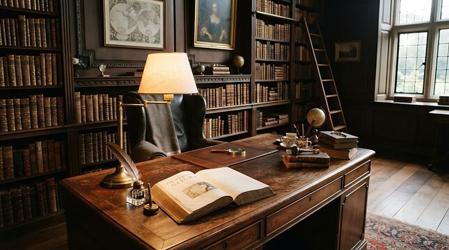 Vintage study room with antique bookshelf and desk lamp