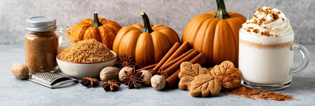 Pumpkin spice latte with autumn fall cookies and cinnamon on a rustic wood table
