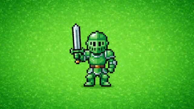 Pixel Art Knight in Armor Raising Sword on Green Screen. 4K Video