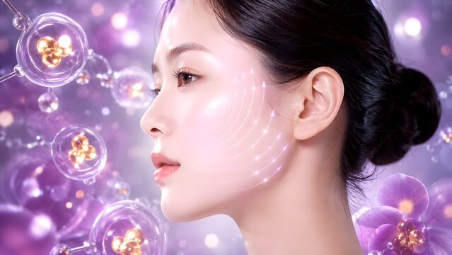 Asian woman profile with lifting lines and glowing botanical ceramide spheres