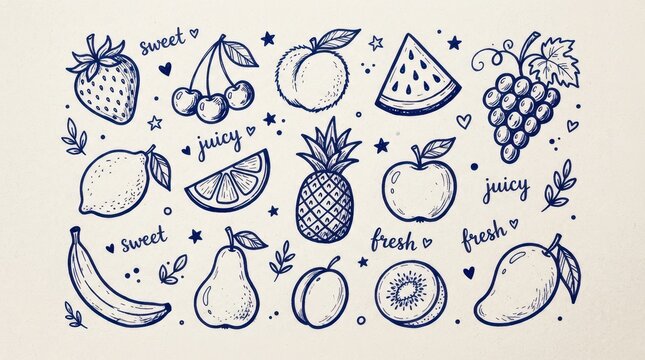 Hand drawn doodle fruit collection with decorative elements and text