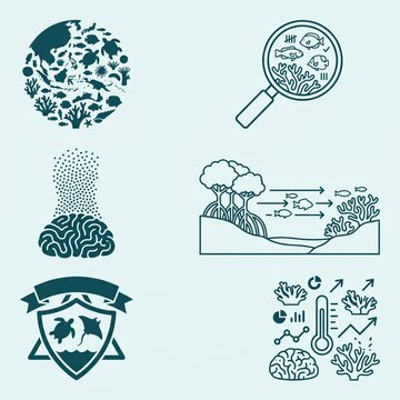 Marine life conservation icons coral reef ecosystem and brain concept illustrations vector graphics for environmental awareness