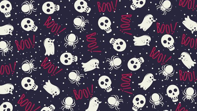 A 4K seamless looping animation featuring a scattered toss pattern of ghosts, skulls, spiders, and red "BOO!" text on a dark navy dotted backdrop. Ideal spooky motion background.