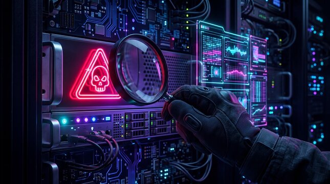 Hacker inspecting server with skull warning sign