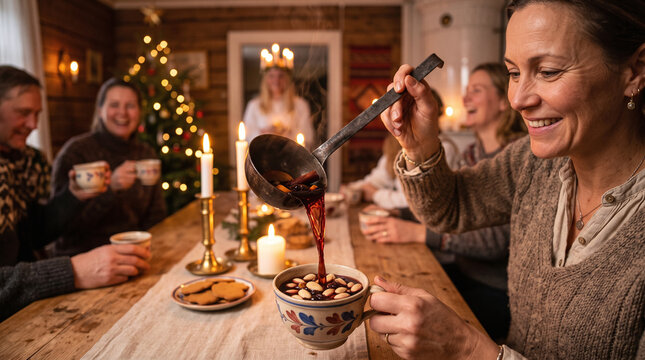Pouring traditional Swedish gl&ouml;gg during cozy St. Lucia Day celebration