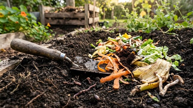Organic kitchen food waste and vegetable scraps on rich soil with a garden trowel for composting