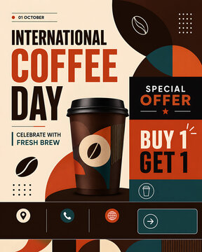 International coffee day promotional poster design with a takeaway cup and special buy one get one free offer
