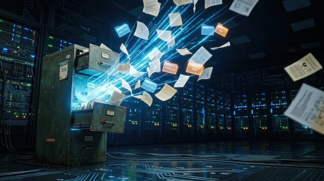 Data Stream from Filing Cabinet: A retro filing cabinet in a modern server room with papers flying out and transforming into data streams.