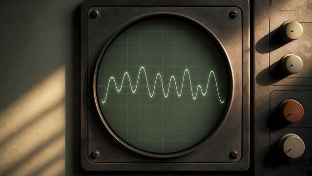 Retro oscilloscope with green waveform on round CRT screen vintage electronic test equipment