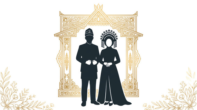 Wedding couple silhouette gold frame png transparant design by alevidhanu, traditional attire, elegant ornate border