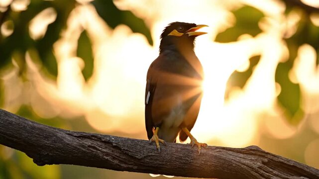 A common myna bird perched on a tree branch during a beautiful golden sunset.