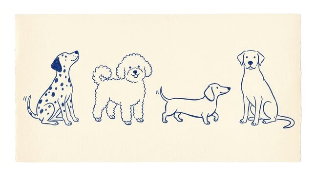 Set of four cute handdrawn dog breeds in blue line art style