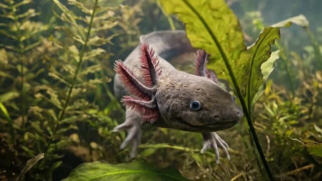 Amphibian swimming underwater amid aquatic plants