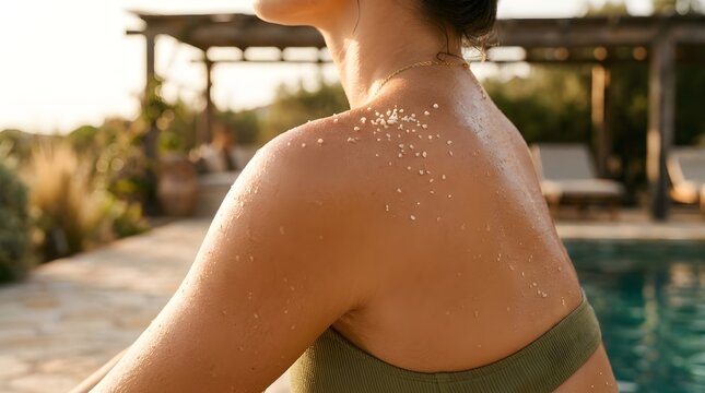 Close-up of glistening water droplets on a woman's shoulder by a luxury resort swimming pool during sunset
