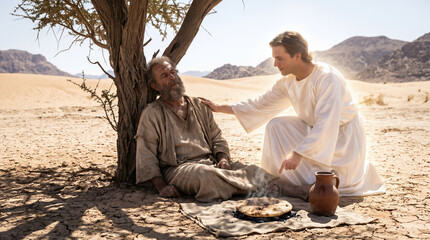 Fototapeta premium An angel touching the exhausted prophet Elijah, providing him with a miraculous baked cake of bread and a jar of water under a broom tree