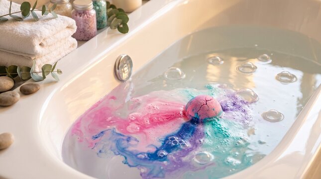 Colorful bath bomb fizzing in water tub with bubbles and stones  