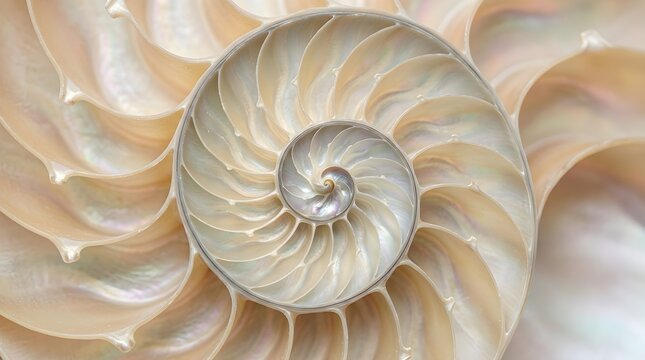Detailed macro view of a spiraling pearlescent nautilus shell showcasing natural geometry and golden ratio patterns