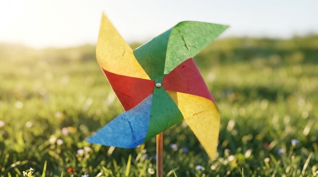Colorful paper pinwheel spinning on green grass in sunlight  