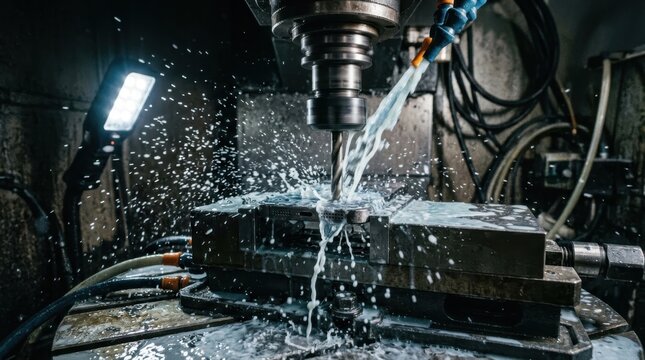 CNC milling machine drilling metal with coolant spray in factory