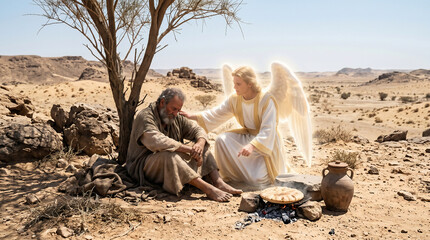 Fototapeta premium An angel touching the exhausted prophet Elijah, providing him with a miraculous baked cake of bread and a jar of water under a broom tree