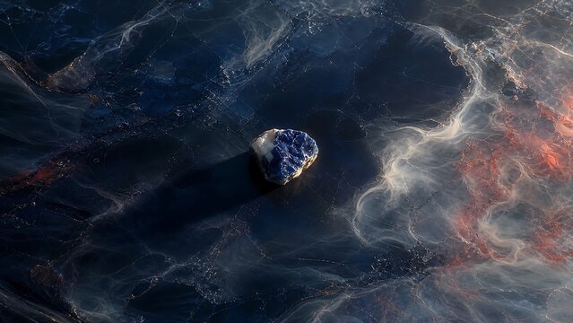Blue mineral rock lapis lazuli on dark misty surface with fog wisps mystical