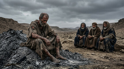 Fototapeta premium Job sitting in the ashes, mourning his immense losses, covered in painful sores, while his three friends sit nearby in absolute silence
