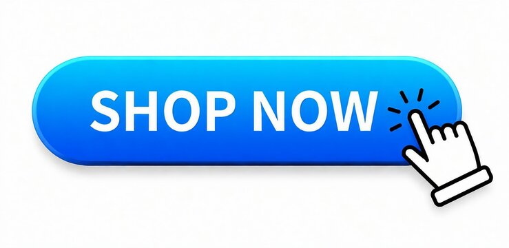 Hand clicking colorful shop now button with finger pointing