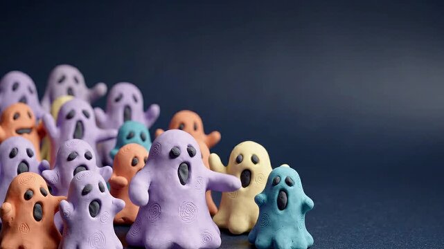 Colorful clay ghost figures bobbing and waving against dark background