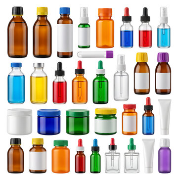 Medical glass bottle collection with dropper vials and jars, pharmaceutical packaging set on white background, cosmetic amber glass containers with blank labels