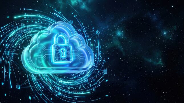 Secured Cloud Computing: A luminous blue cloud icon with a padlock symbolizes secure cloud data storage, surrounded by swirling digital pathways and connectivity lines against a dark.