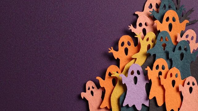 Layered paper ghosts animation against dark purple background