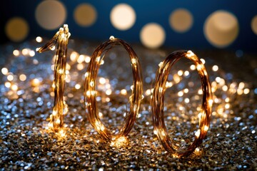 Fototapeta premium Festive celebration of a special milestone with glowing string lights shaped as the number one hundred on shimmering sparkling surface with bokeh background