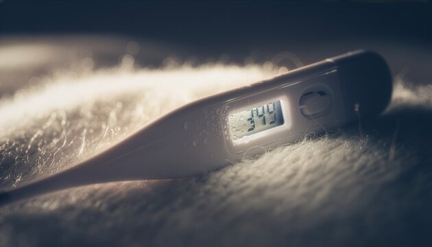 Macro shot digital thermometer with high temperature reading, blurred blanket background, dramatic lighting.