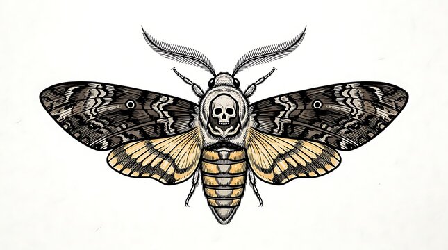 Detailed Vintage Illustration of a Death's-head Hawkmoth with a Skull Symbol on Its Thorax