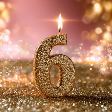 Glittering number six candle burning brightly amidst golden sparkling confetti and festive glowing background lights for celebration themes
