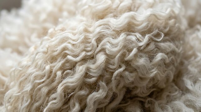 Detailed Macro Texture of Natural Raw White Curly Sheep Wool Fleece, Soft Organic Material Background