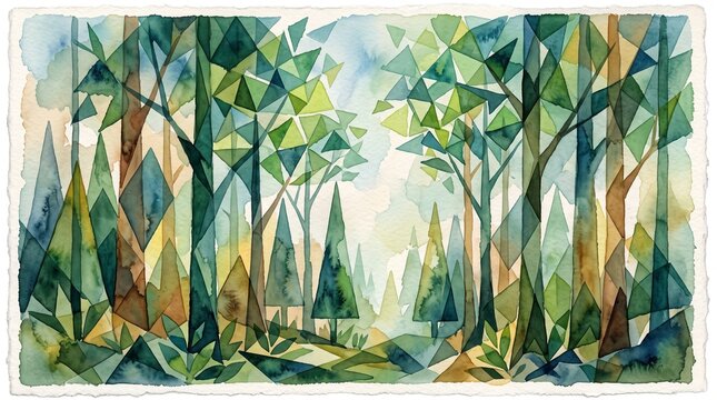 Abstract forest watercolor with geometric green and blue trees in a stylized artistic landscape illustration