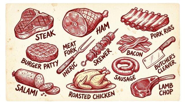 Vintage style handdrawn collection of various meat cuts and butcher tools