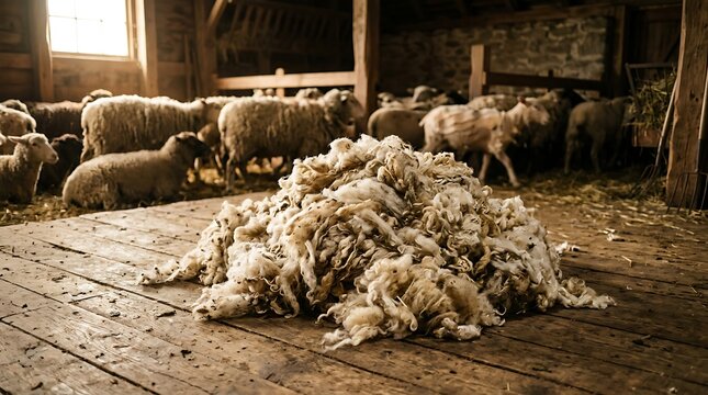 Freshly Sheared Raw Sheep Wool Fleece Piled on Rustic Wooden Floor in a Traditional Farm Barn Interior