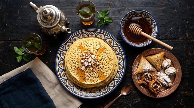 Traditional Moroccan Baghrir Semolina Pancakes with Honey, Almonds, Mint Tea, and Sweets on Dark Wood