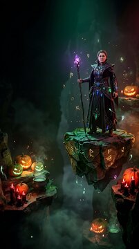 Witch standing on floating rock during Halloween event in dark fantasy environment