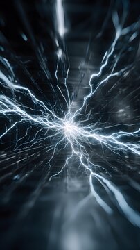 Dynamic blue lightning bolts bursting from a powerful central core against a dark background.